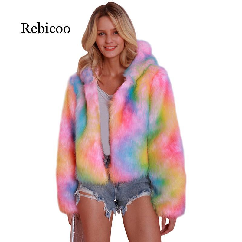 Winter Coat Rainbow Faux Fur Coat Women Fur Jacket Shaggy Fluffy Rainbow Print Hooded Long Sleeve Streetwear Plus Size 3XL: L