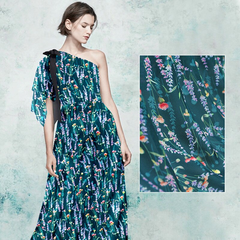 Natural silk double joe fabric cloth per meter 16mm 140 cm wide lavender printed anti-wrinkle clothing shirt dress fabric