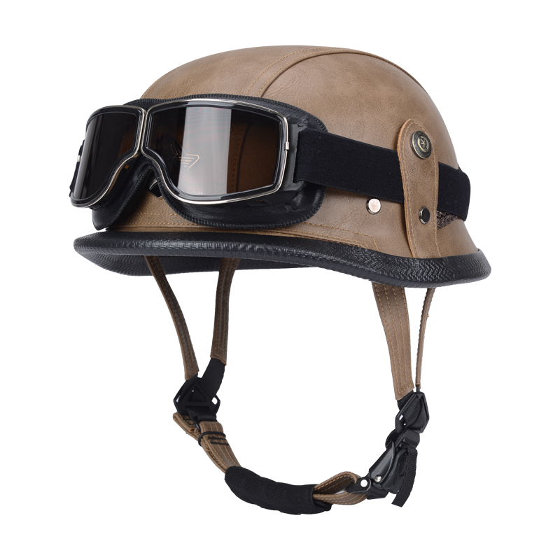 De oorlog II Duitse M35 halfshell handgemaakte lederen helm voor heren dames met Halley Goggle Skull Cap voor Cruiser Scooter Chopper: Khaki / L