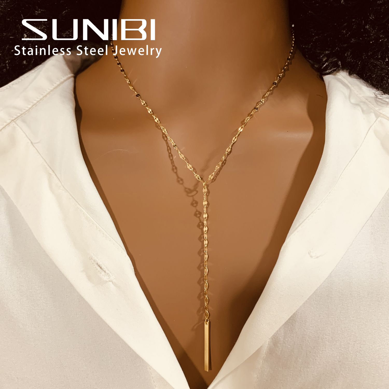 SUNIBI-collares con colgante de barra Vertical para mujer, cadena Lariat larga Simple de acero inoxidable, collar colgante minimalista, de joyería