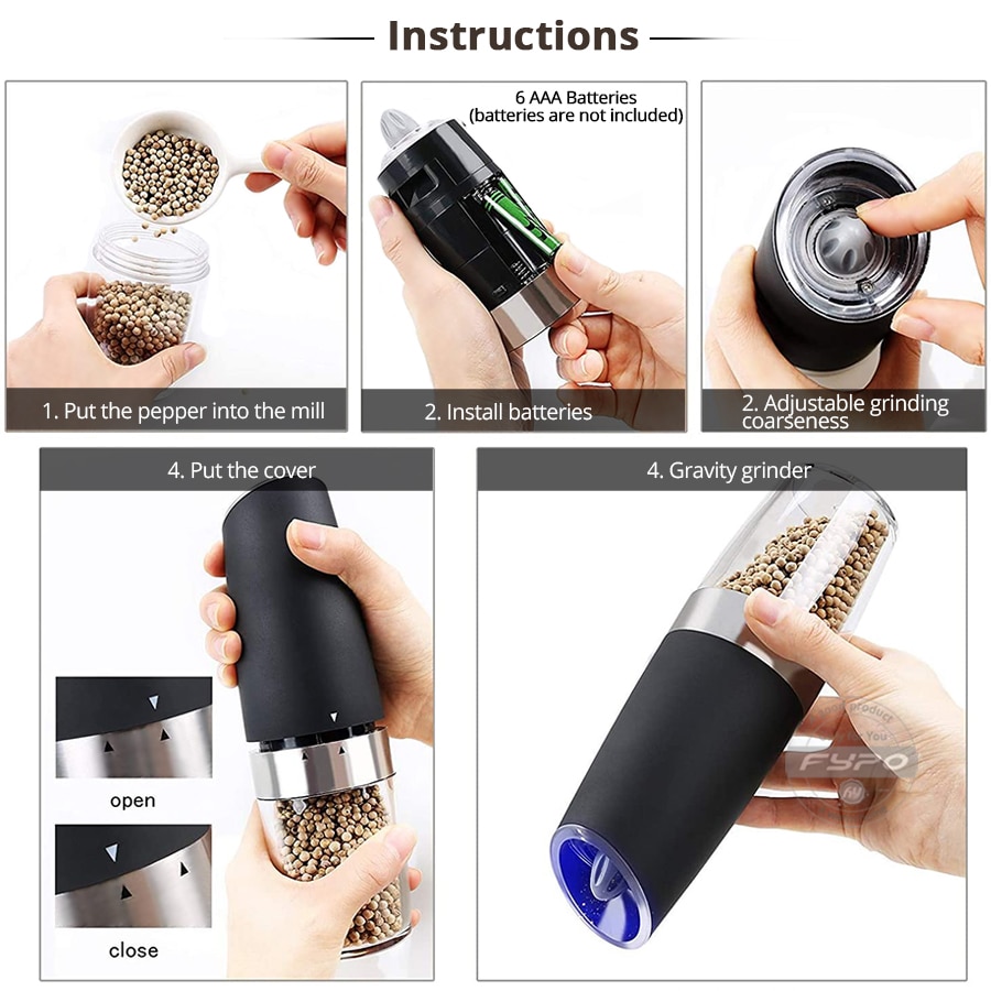 Fypo elektryczny młynek robić pieprzu solnego automatyczna solniczka ze stali nierdzewnej młynek robić pieprzu z regulowaną grubością narzędzie robić grillowania