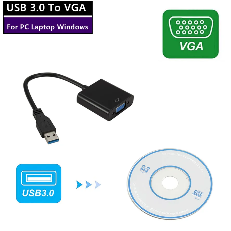 HD USB 2.0/3.0 naar VGA Multi-Display Adapter Converter Externe videokaart Draagbare USB 3.0 naar VGA-converter USB-adapter: Black