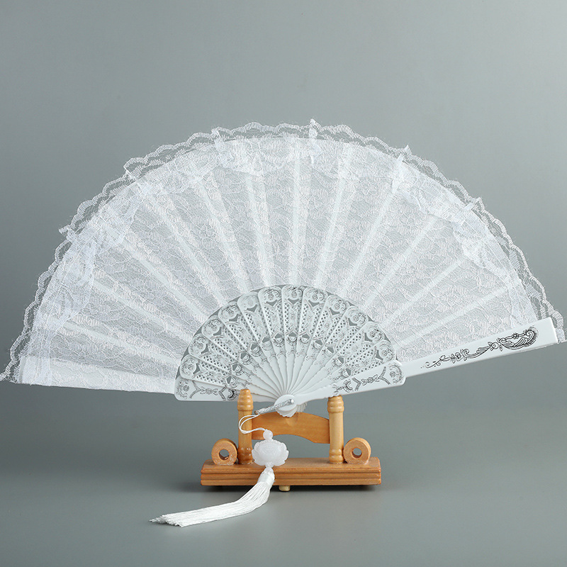 Luxury White Lace Folding Fan Double-layered Plastic Wedding Cosplay Party Home Decorative Fan Ancient Bride Hand Fan: white silver 1