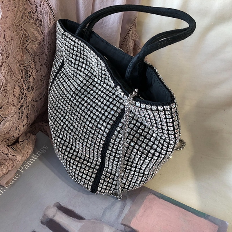 Handtas met strass-steentjes, diagonale ketting, bling, vrouwelijk, modieuze tas, avondtas, feesttas, vol met diamanten, zilveren kralen