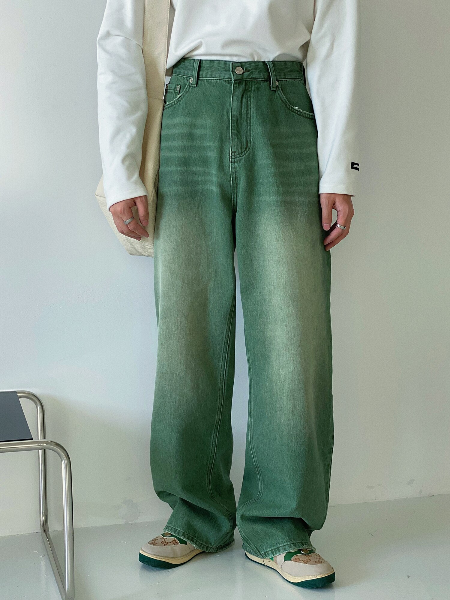 IEFB Vintage Men&#39;s Straight Mid Waist Green Jeans 2022 Spring Casual Loose Distressed Denim Long Pants Wide Leg Trousers: L