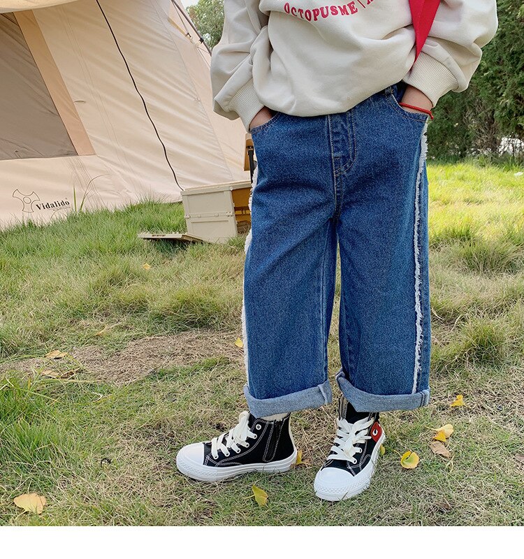 Jean à lisière rugueuse sur le côté pour filles, pantalon en denim à jambes larges assorti pour enfants de 2 à 7 ans, à la , printemps