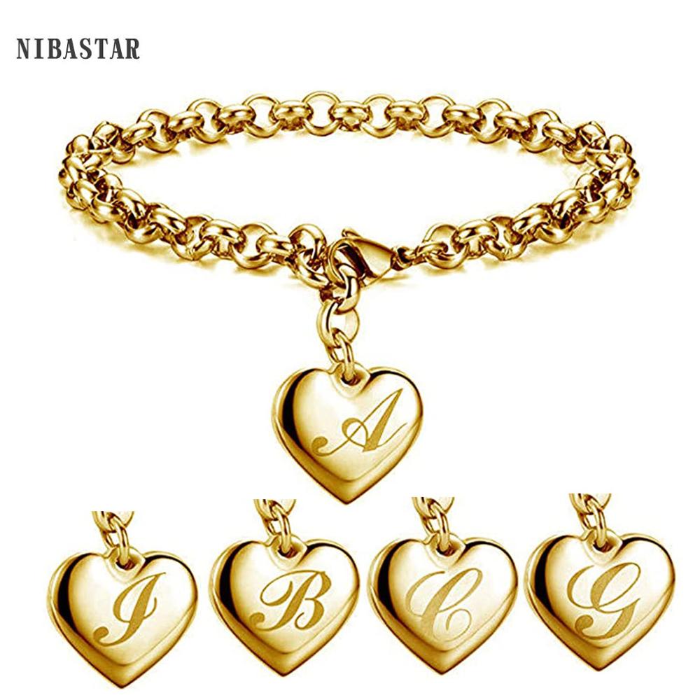 Bracelet avec lettres de l'alphabet en acier inoxydable, 26 lettres, breloque initiale, couleur or, pour femmes et filles, pour enfants