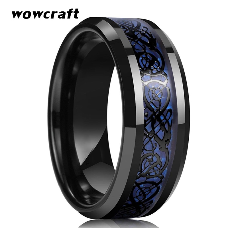 8mm Black Tungsten Wedding Ring voor Mannen Vrouwen Blauw Carbon Fiber Black Dragon Inlay met Comfort Fit Engagement Band