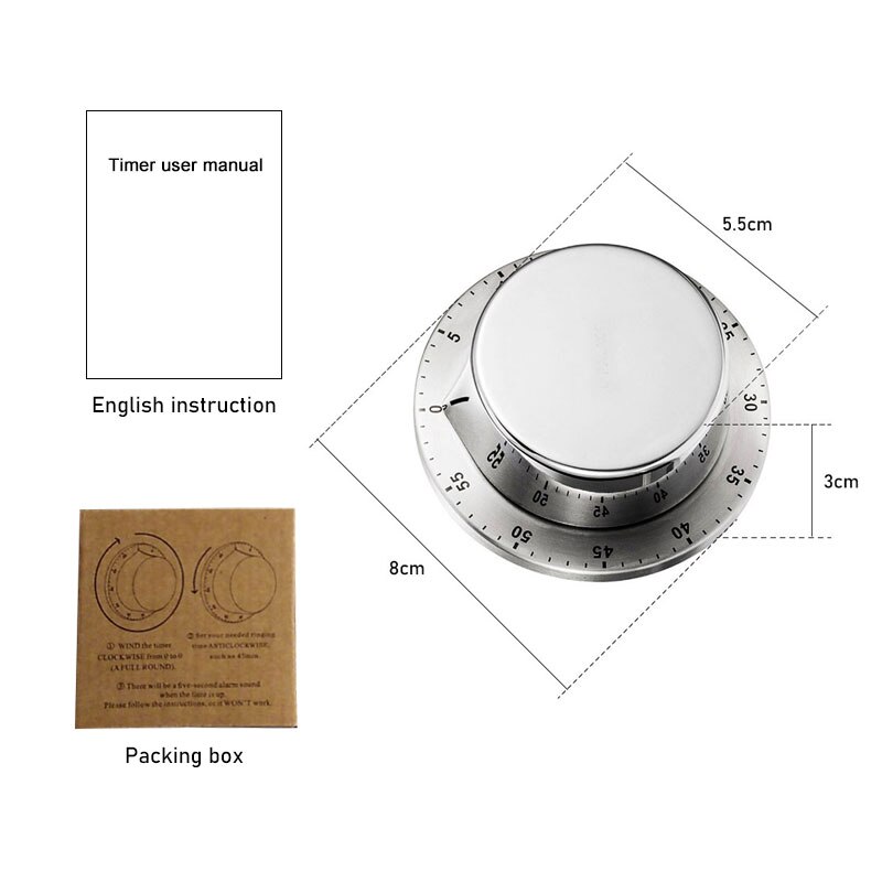 Kitchen Timer Mechanical Alarm Clock Timer Retro Stainless Steel Time Cooking Food Tools Home Countdown Gadget Timer