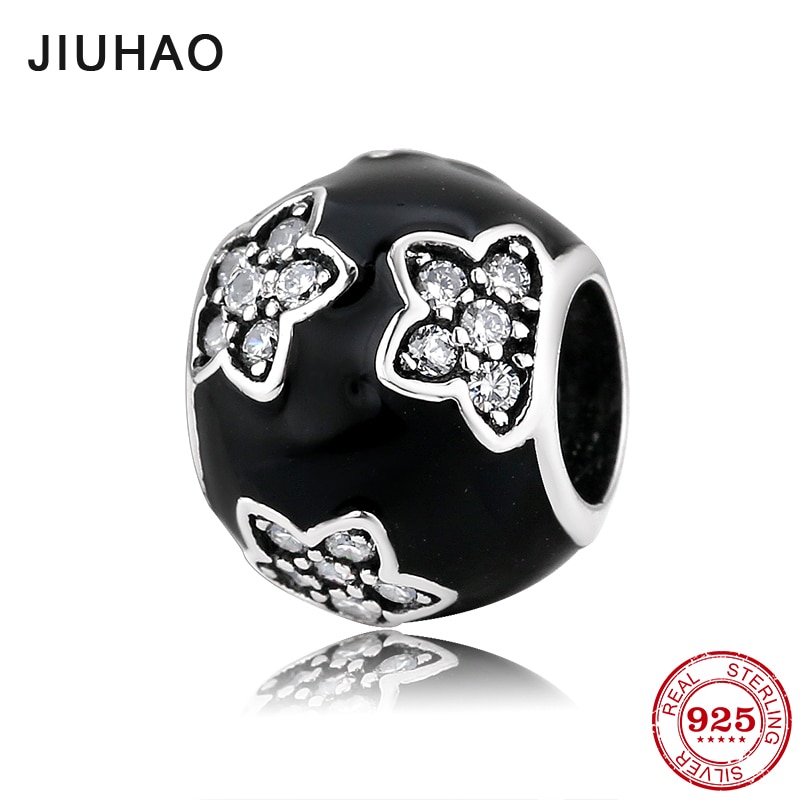 100% real 925 prata esterlina preto enemal espumante cz flores contas caber encantos originais jiuhao feminino pulseira jóias fazendo
