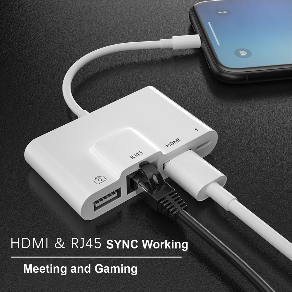 4in1 100Mbps Lan RJ45 Net Work 1080P HDMI USB OTG Camera Charging Adapter Hub For iPhone SE XS XR 11 12 Mini Pro Max 7 8 Plus