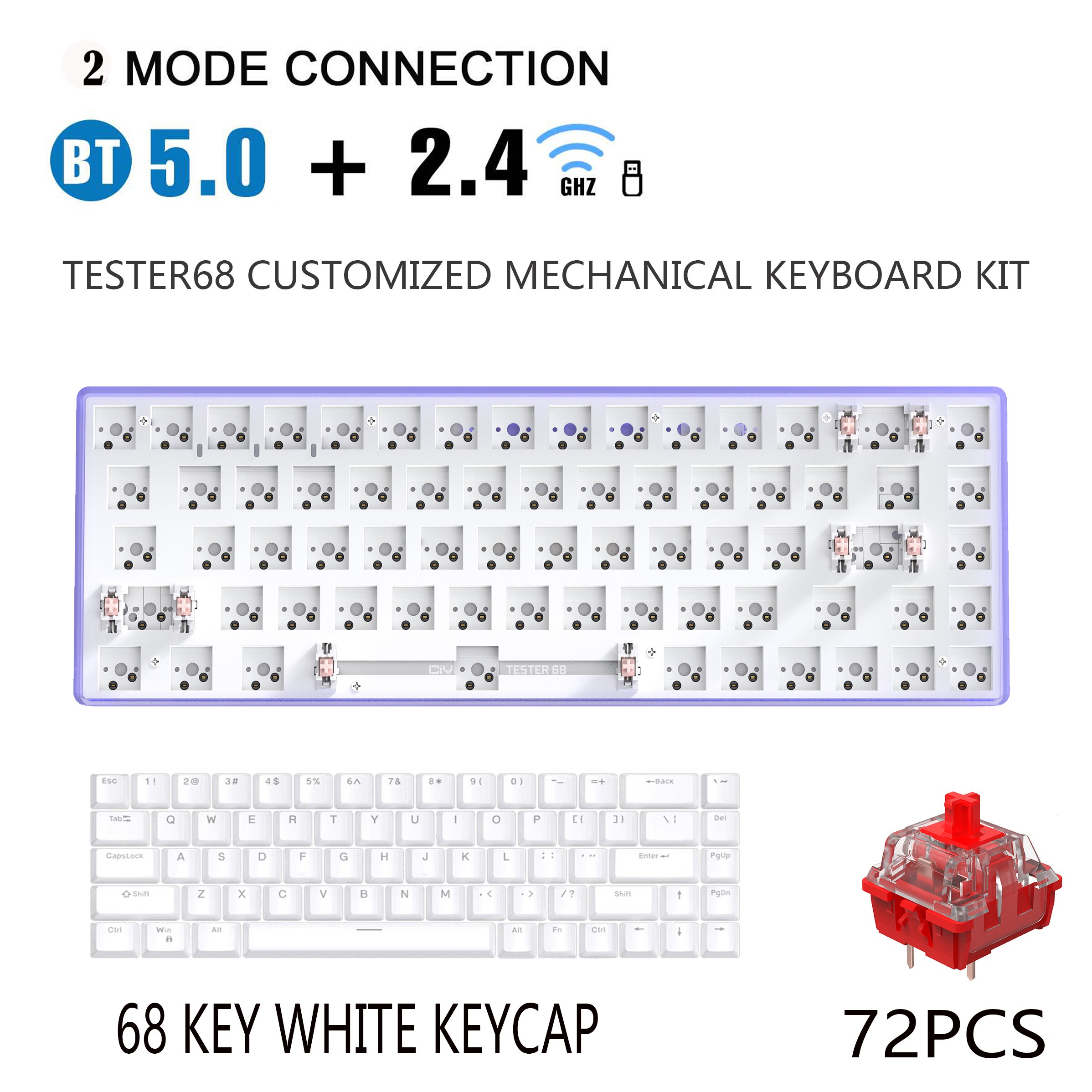 TESTER68 – Kit de clavier mécanique sans fil, Bluetooth 2.4G, 2 modes de jeu, 60%, pour interrupteur 3 broches/5 broches: purple.switch.keycap