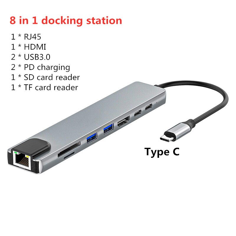 Thunderbolt Thunderbolt 3 4 In1 USB-C Om Hdmicompatible Adapter 2x USB3.0 Type-C Pd Hub Voor Huawei P20 Pro samsung Dex Galaxy S9: 8in1 rj45100M