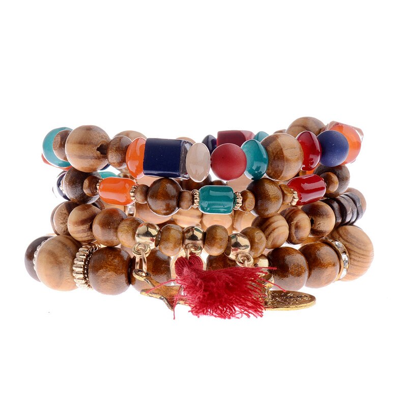4 Colors Bohemia Wood Bracelets For Women Colorful Beads&Tassel&Butterfly Strand Bracelets Beaded Bracelet HXB025