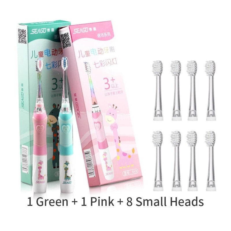 Seago-cepillo de dientes eléctrico para niños, linterna LED de colores, 16000 golpes, resistente al agua, alimentado por batería: GreenPink8smallheads
