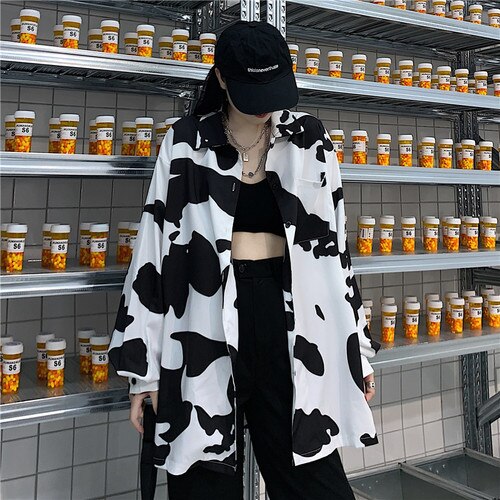 QWEEK Harajuku Shirt Women Korean Style Cow Print Blouses Oversized Streetwear Button Up Shirt Long Sleeve Casual: XXL