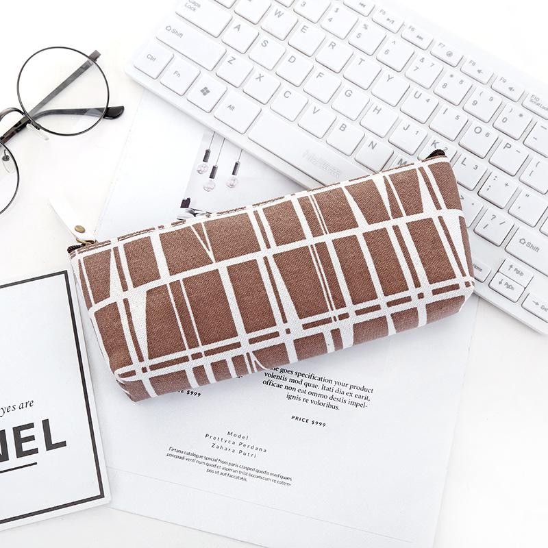 Canvas Pencil Case School Pencil Bag Pencilcase Pen Bag Cute Simple Striped Grid Pencil Box School Tools: Brown
