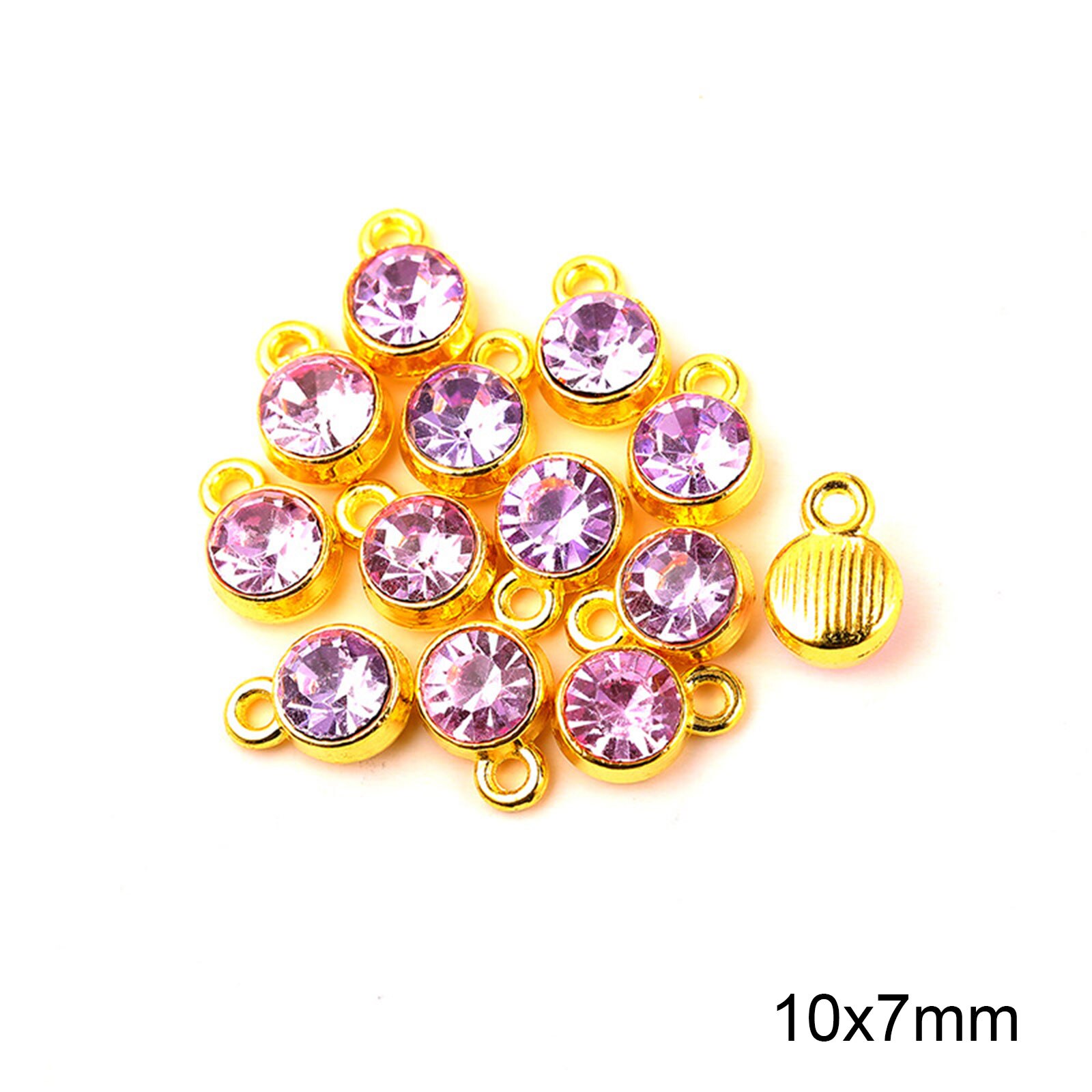 Charms Birthstone in lega di zinco e vetro tondo placcato oro viola 10mm x 7mm, 20 pezzi: 6