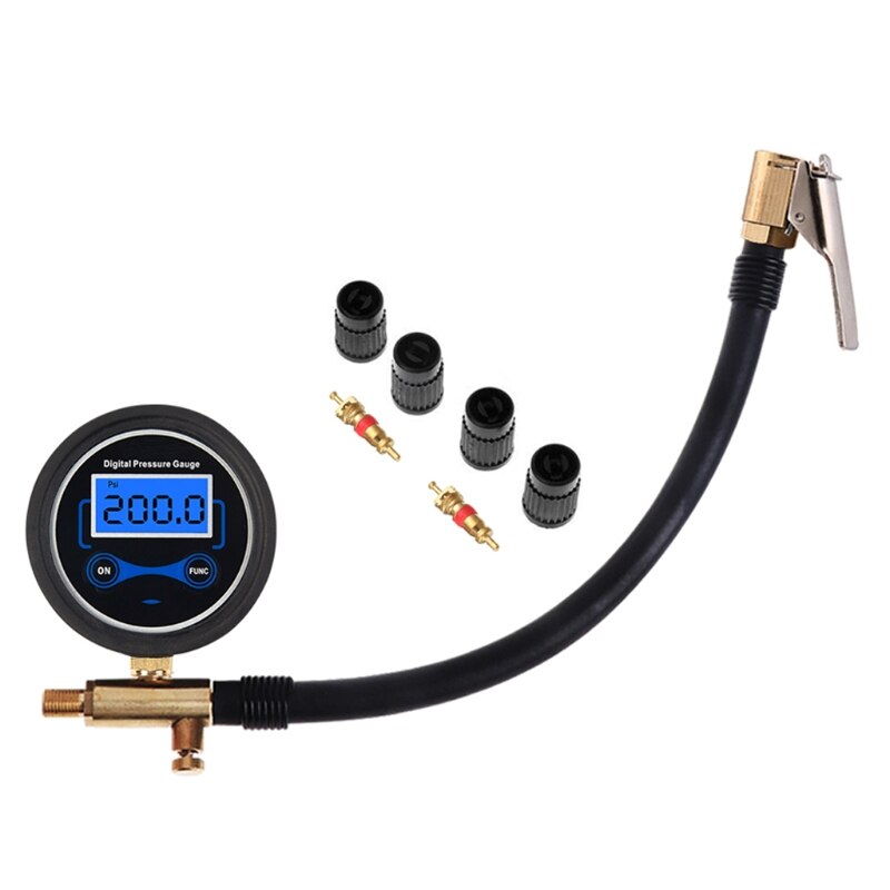 Digital Car Truck Air Tire Inflator Pressure Gauge with Air Chuck &amp; Hose Tire Pressure Gauge Tool for Car Truck Bike 200 Psi