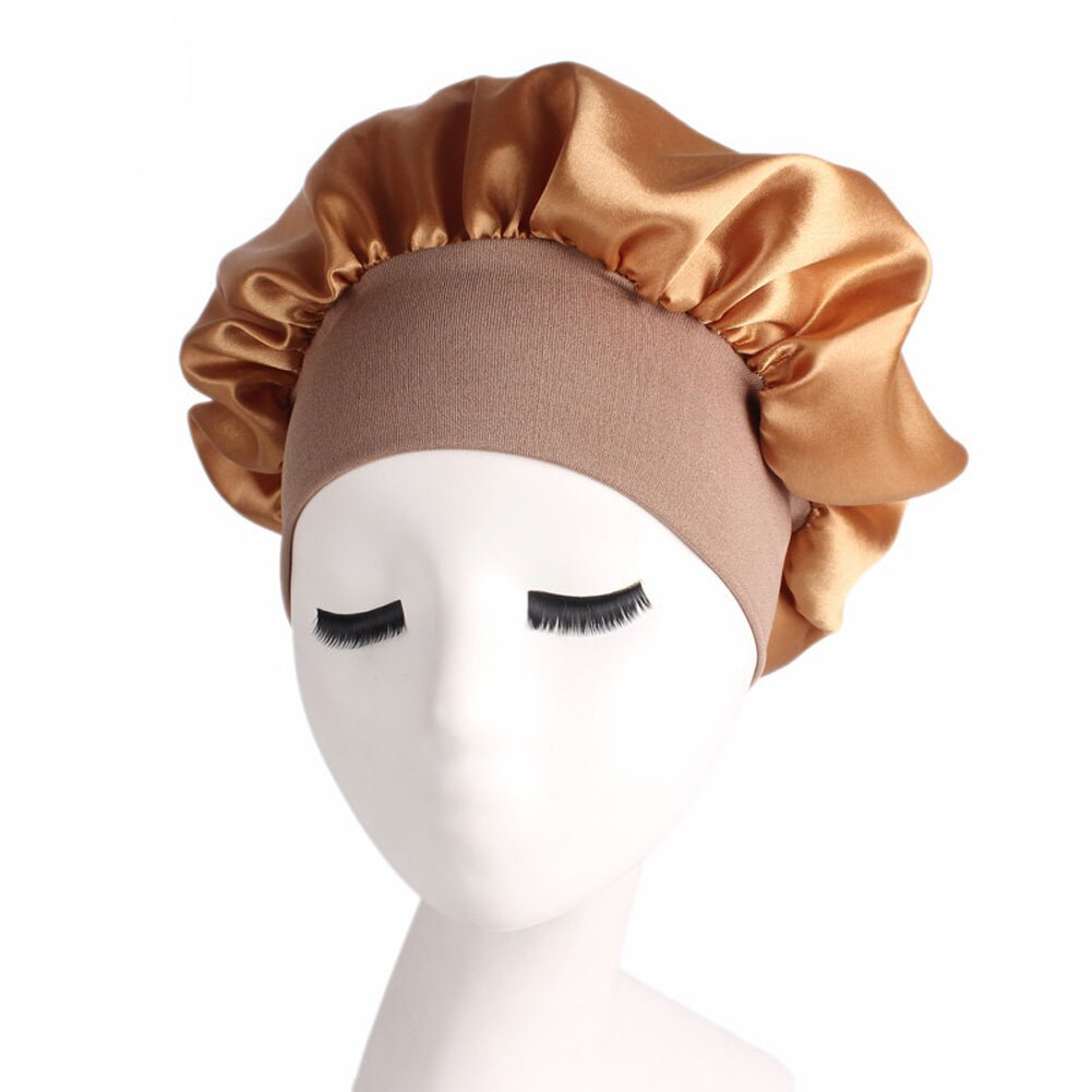 Solid Silk Satin Night Sleep Cap Hair Bonnet Hat Head Cover Wide Band Adjust Elastic: Gold