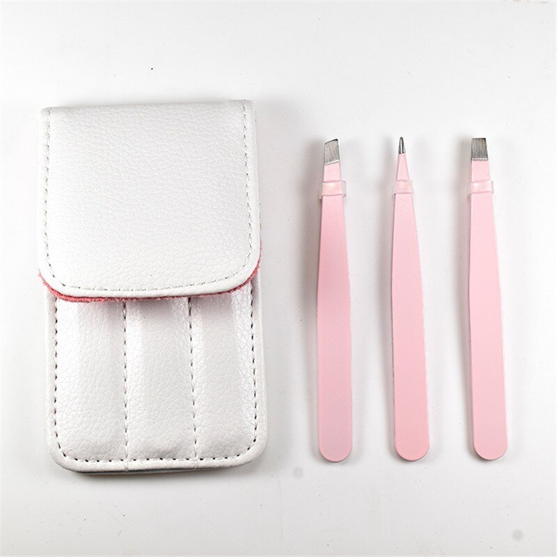 3 Stks/set Wenkbrauw Pincet Rvs Punt Tip/Slant Tip/Flat Tip Ontharing Makeup Tools Accessoire Met bag Case: pink