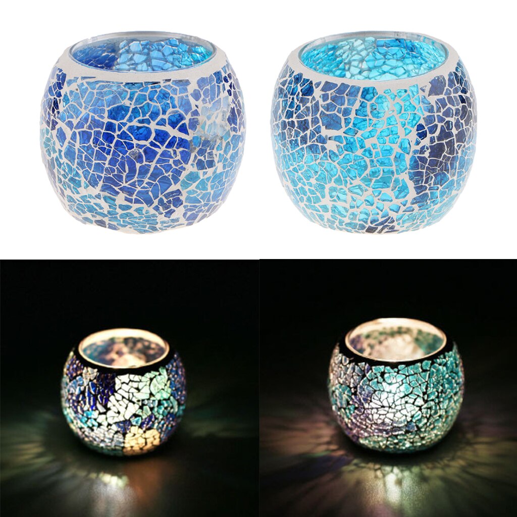2Pcs Vinatge Mozaïek Glas Votive Kaarsen Theelichtjes Houder Blauw Kandelaar Kaars Kom Cups Set