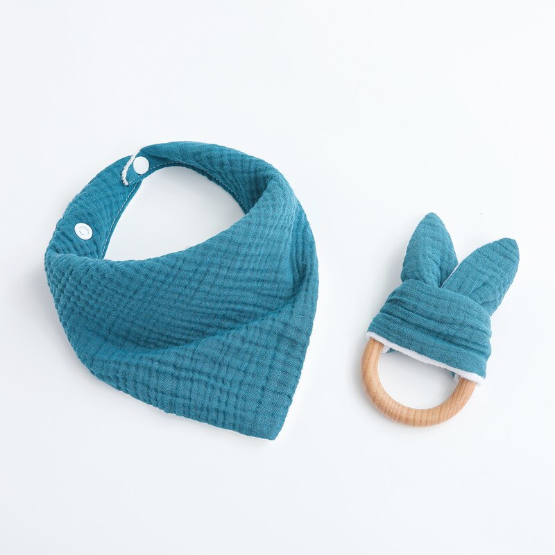2 Stks/set Baby Jongen Meisje Driehoekige Sjaal Speeksel Tissue Molars Ring Houten Bijtring Set Katoenen Mousseline Slabbetjes Effen Kleur Burp doek: peacock blue