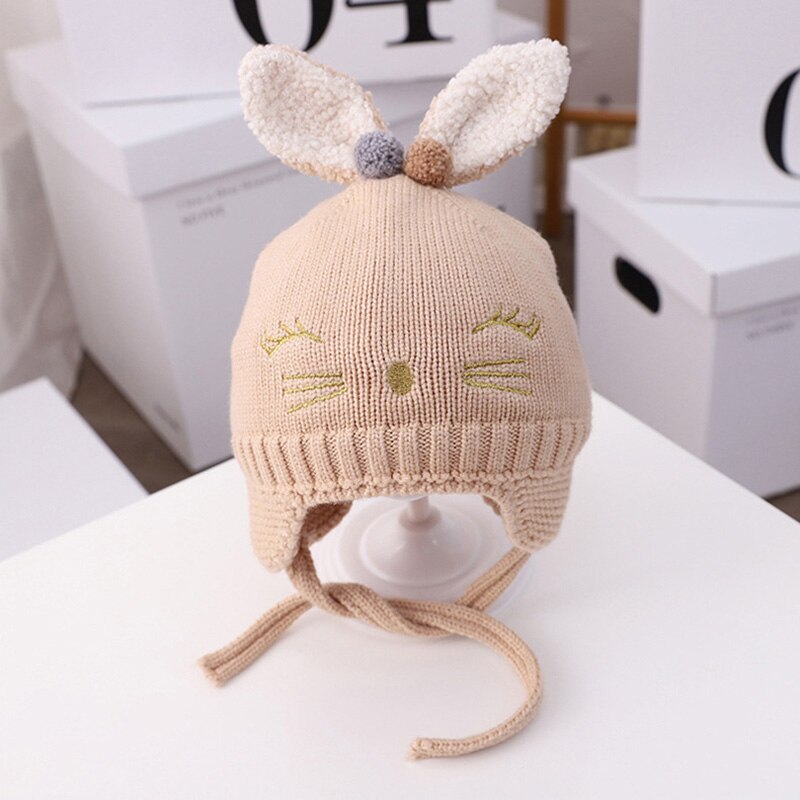 Schattige muts met konijnenoren voor babymeisjes, jongensaccessoires, warme gehoorbescherming, kindermuts, muts met pompon, gebreide wintermuts voor kinderen: Beige