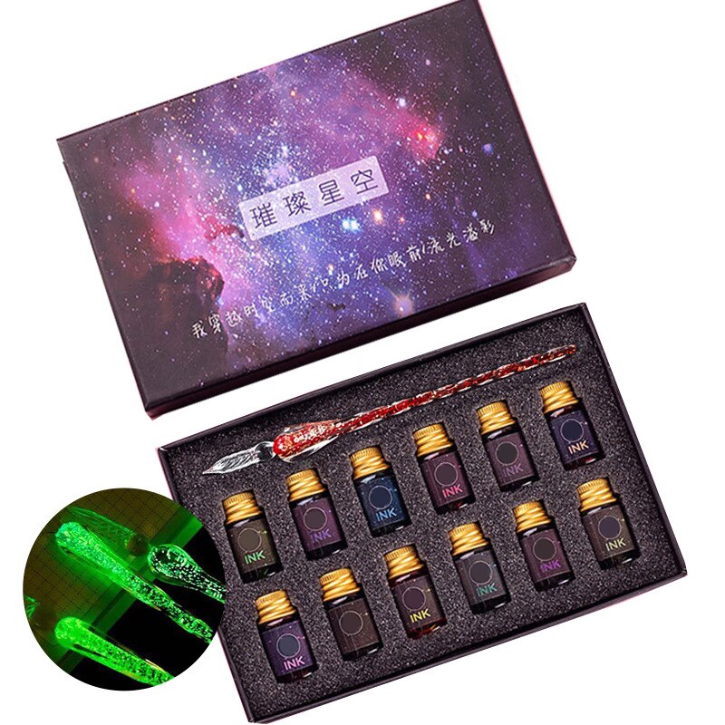 Pluma de goteo de vidrio luminoso de buena salud, pluma estilográfica de cristal Vintage, pluma de inmersión de vidrio, de conjunto de plumas, pluma de cristal con firma: Red