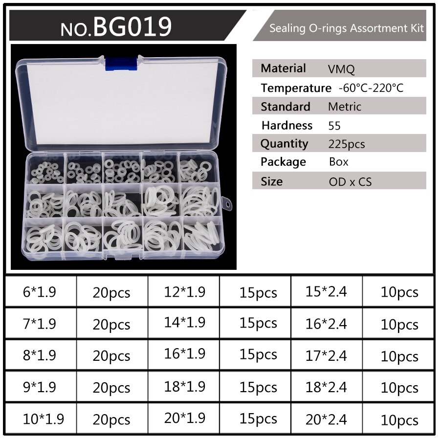 Silicone VMQ Blanc Joints toriques OD 6mm-20mm CS 1.5mm 1.9mm Durable JOINTS TORIQUES Assortiment Kit 10 Tailles 150 Pièces/ensemble BG037: BG019 x1