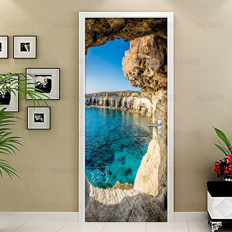 Cave Seascape 3D Photo Wallpaper Murals PVC Waterproof Self-adhesive Door Sticker DIY Door Poster Wall Mural Stickers