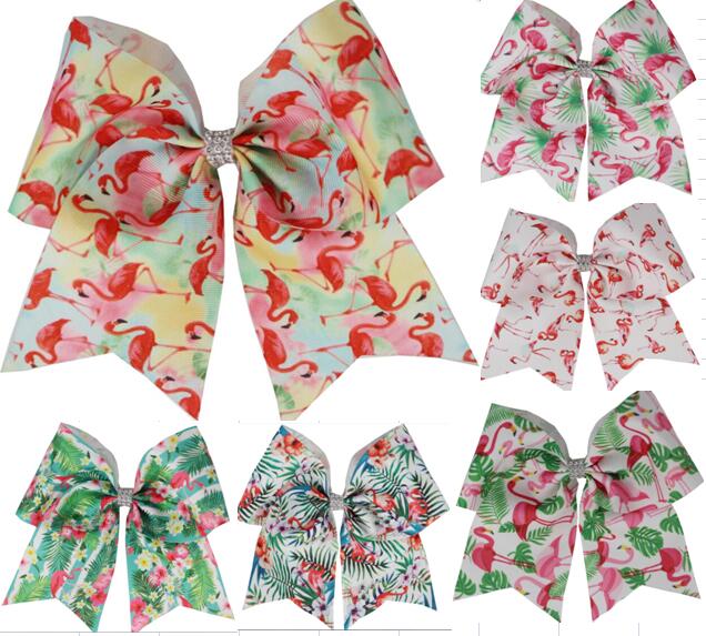 7 tommers trykt bling flamingo cheer buer hår buer med strikk / hårklemme hestehale for barn jente gjør det selv hår tilbehør