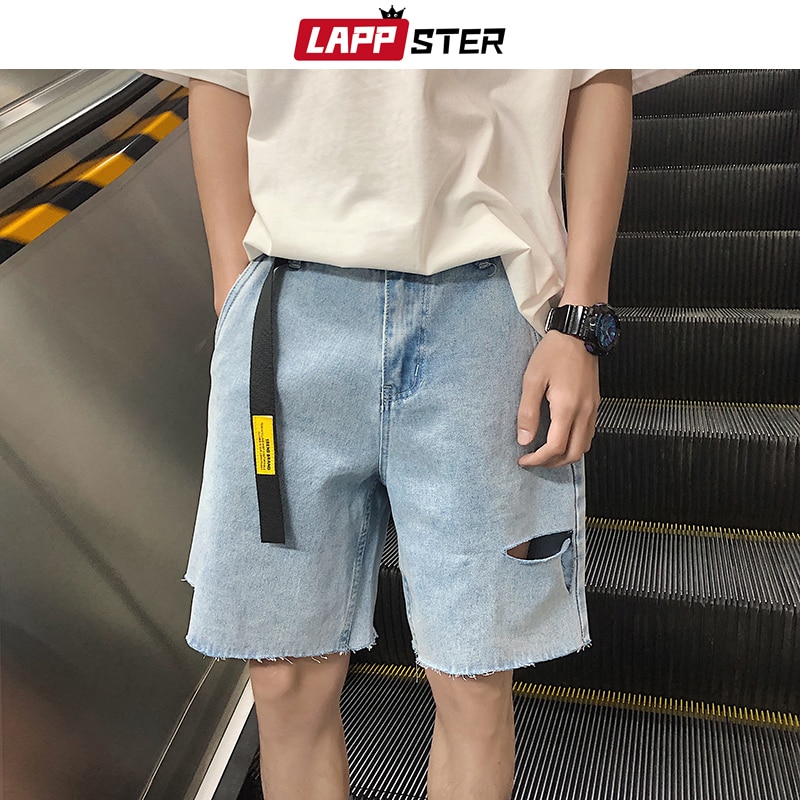Lappster sommar herr gratis bälte hål jeans shorts herr streetwear hip hop jeansshorts fritidsmode harajuku joggingbyxor
