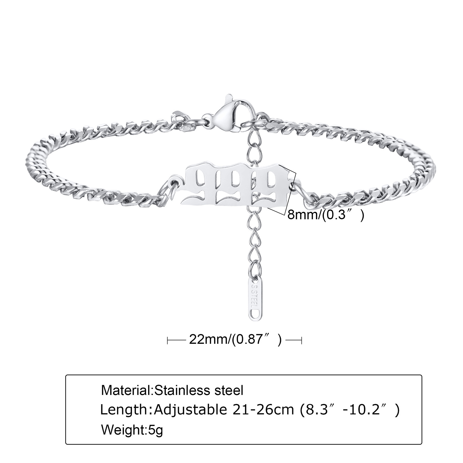 Angel Numbers, Angel Number Bracelet, Stainless Steel Angel Number Anklets, Angel Number: 999