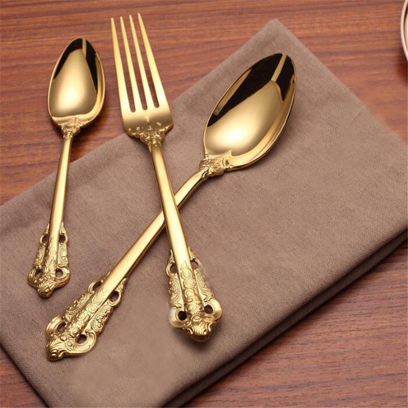 Cuillères et fourchettes à Long manche | Service de table rétro Vintage en relief en or sculpté, glaces thé cuillère à café articles de table pour la maison