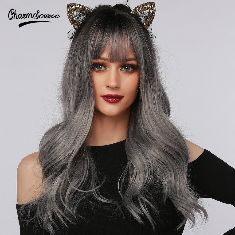 CharmSource-pelucas postizas onduladas con flequillo sintéticas para mujer, color gris, Plata largos, pelo Natural, resistente al calor