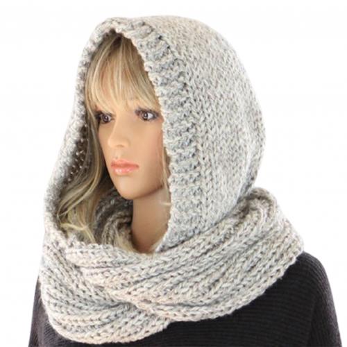 Autumn Winter Women Outdoor Thick Warm Keeping Solid Color Knitted Hooded scarves women: Light Grey