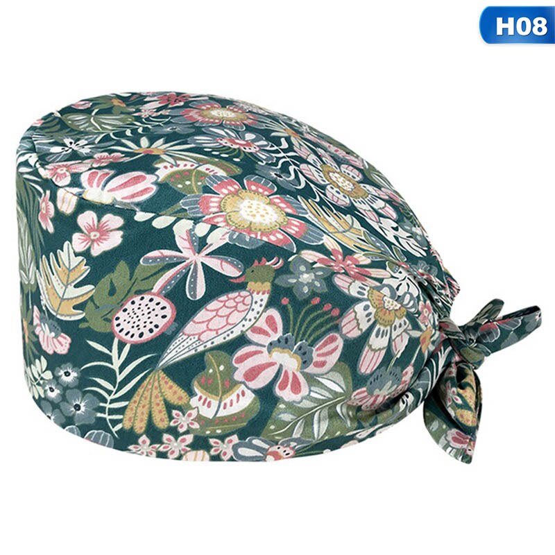 Kvinder print bomuld bandage justerbar sygeplejerske kasket med svedbånd bouffant hat mænd gorros quirofano mujer sygeplejerske uniform tilbehør: H08