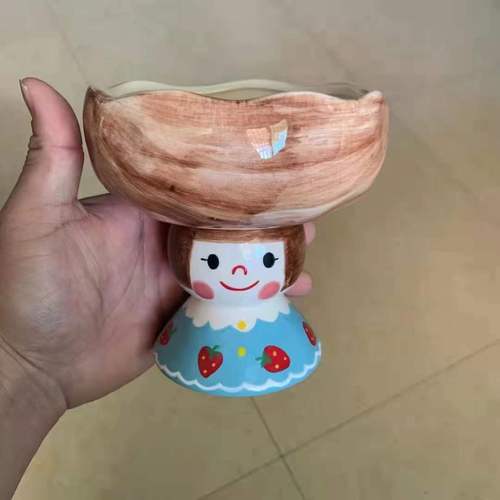 Tasse à thé en forme de fleur de tulipe en trois dimensions peinte à la main, bol à Dessert en forme de cœur pour fille mignonne, ornements de Style Ins: Blue skirt girl Bowl