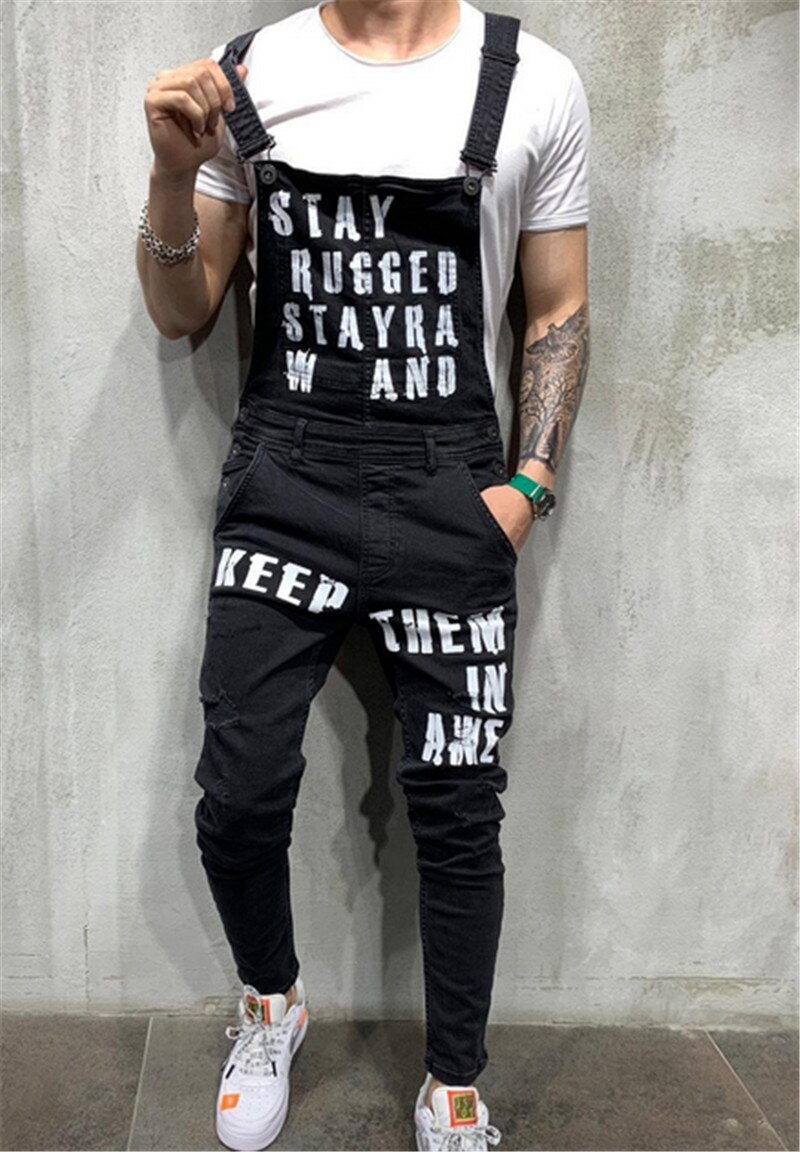 Menn ripped jeans jumpsuits hi street distressed denim bib overalls mann suspender denim bukser herre lekedress: Svart / Xxl