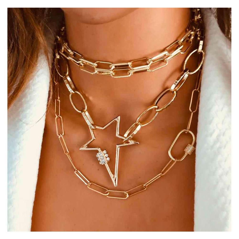 Lislesp Multi Schicht Gold Farbe Metall Stern Karabiner Chunky Kette Halskette für Frauen Vintage Aussage Choker Kragen Schmuck
