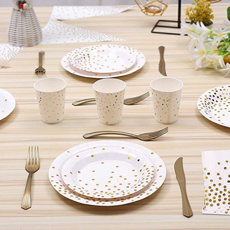White Gold Dot Plates Cups Napkins Disposable Tableware for Happy Birthday Party Supplies Wedding Baby Shower Party Decoration
