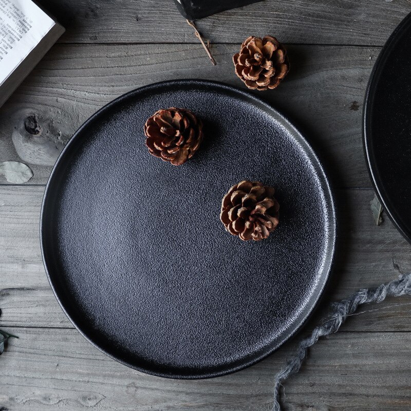 Ceramic tableware, steak plate, fruit plate, iron plate, braised plate, spaghetti, sushi, Western plate, black matte flat plate: 6.4 inches