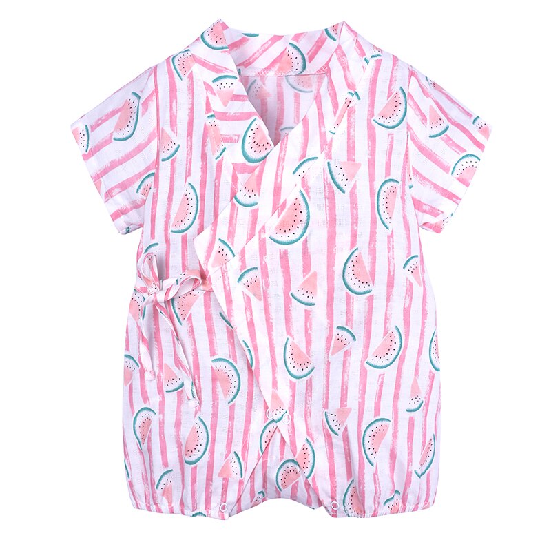 Novo verão roupas da menina do bebê macacão para recém-nascidos roupas menino fruta cinto botão manga curta macacão crianças infantil 3-24m