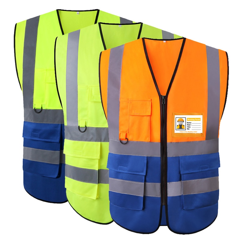 Tofarget gulblå refleksvest med glidelås og lommer hi vis sikkerhetsarbeidsvest for menn og kvinner