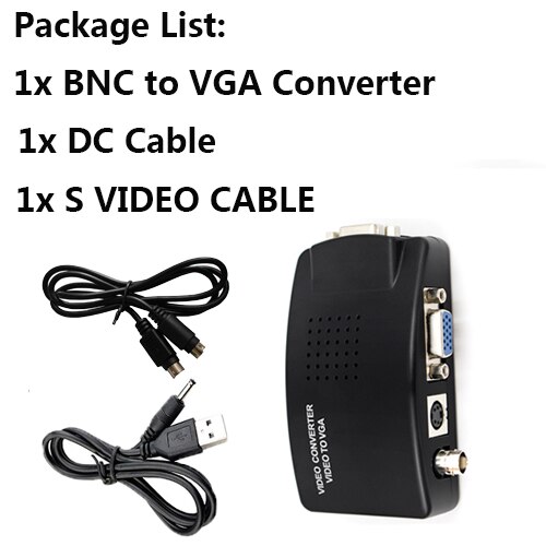 BNC to VGA Video Converter, S-video Input to PC VGA Out Adapter with dc cable or s video cable or power adapter: add s video  cable