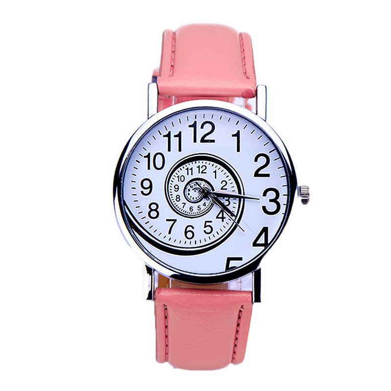 Mooie Meisje Vrouwelijke Horloges Vrouwen Swirl Patroon Dial Leuke Quartz Horloge Roze Lederen Band Analoge Quartz Horloge Montre