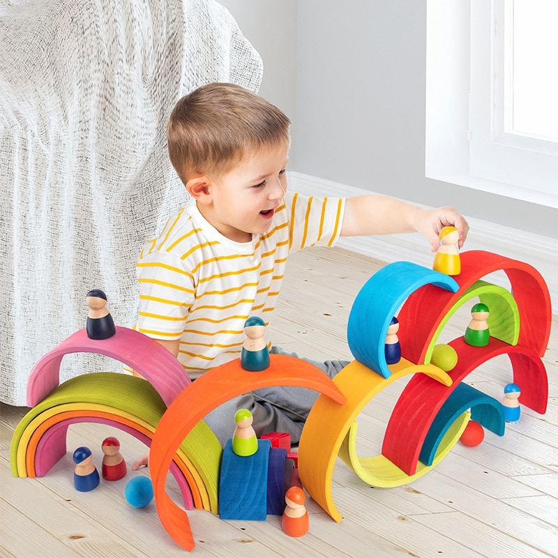 Baby Toys Rainbow Stacker Wooden Toys For Children Learning Building Blocks Montessori Colorful Educational Toy