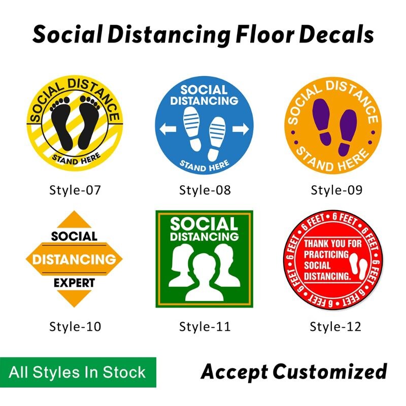5Pcs Self Adhesive Social Distancing Floor Decals Anti-slip Ground Health Safety Sign Direction Marking Waterproof PVC Stickers
