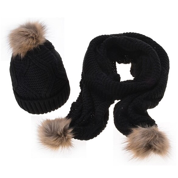 Höst vinter kvinna varma halsdukar diamantform ull stickade mössor virkade skullies gorros kvinna hattar två delar mössa + halsduk /set: Svart